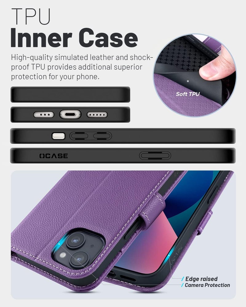 OCASE Compatible with iPhone 13 Wallet Case, PU Leather Flip Folio Case with Card Holders RFID Blocking Kickstand [Shockproof TPU Inner Shell] Phone Cover 6.1 Inch 2021 (Litchi Purple) - Image 5